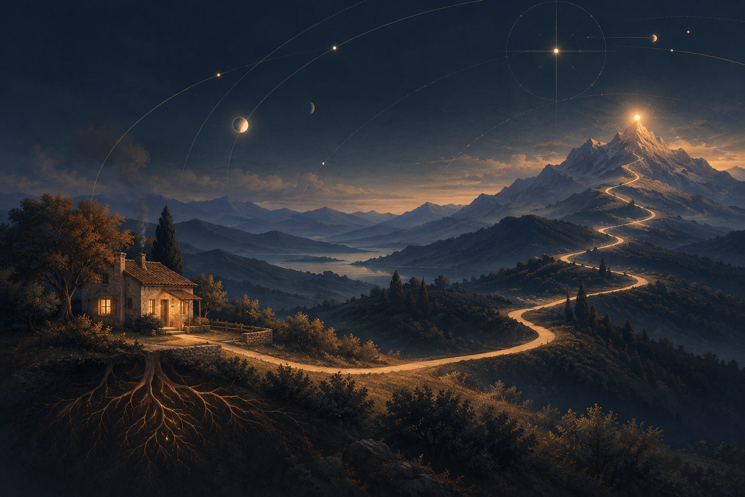 A home above a starry valley, with a winding path climbing toward a starlit summit.
