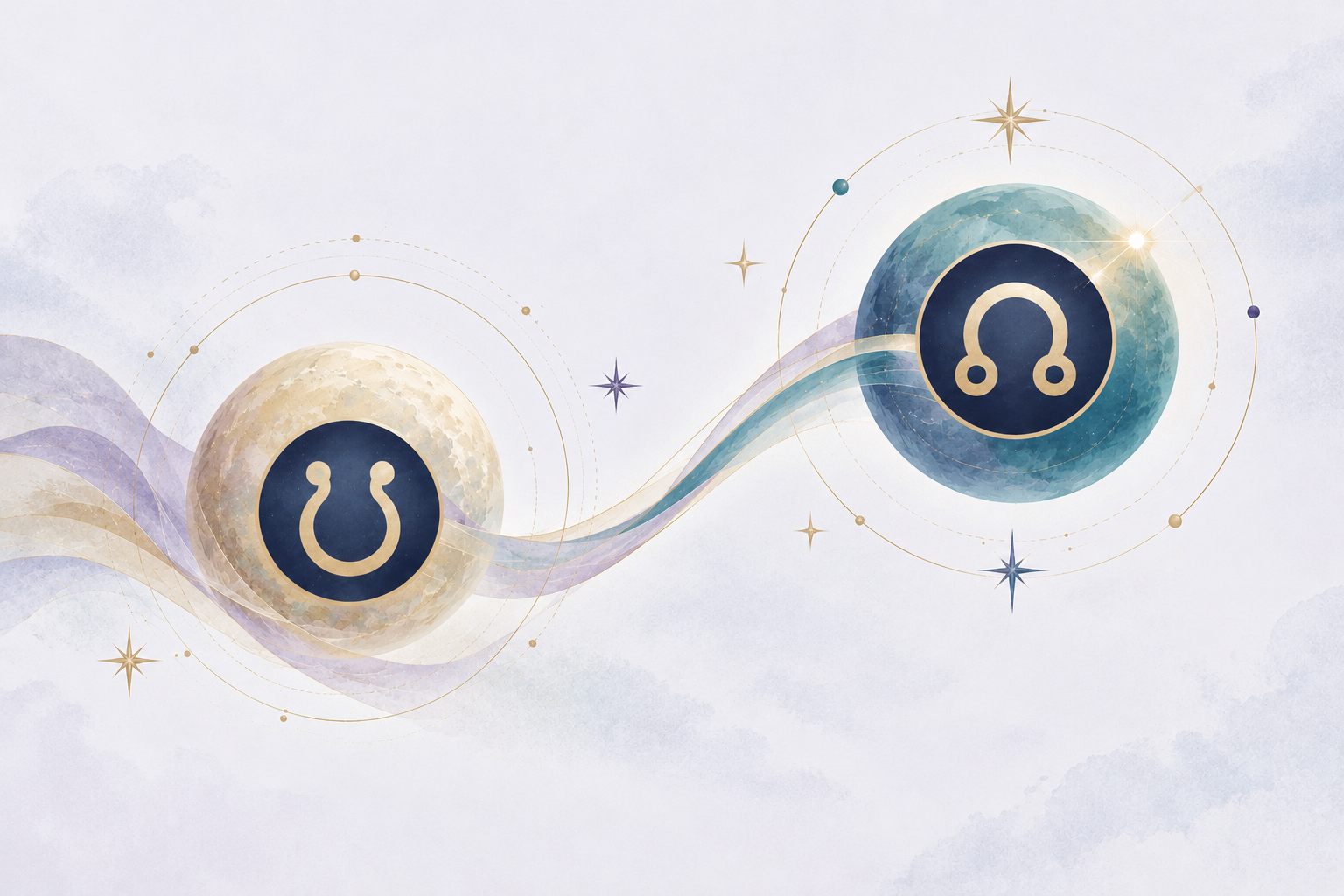 The North and South Lunar Nodes connected by a flowing celestial ribbon, symbolizing a direction for growth through the birth chart.