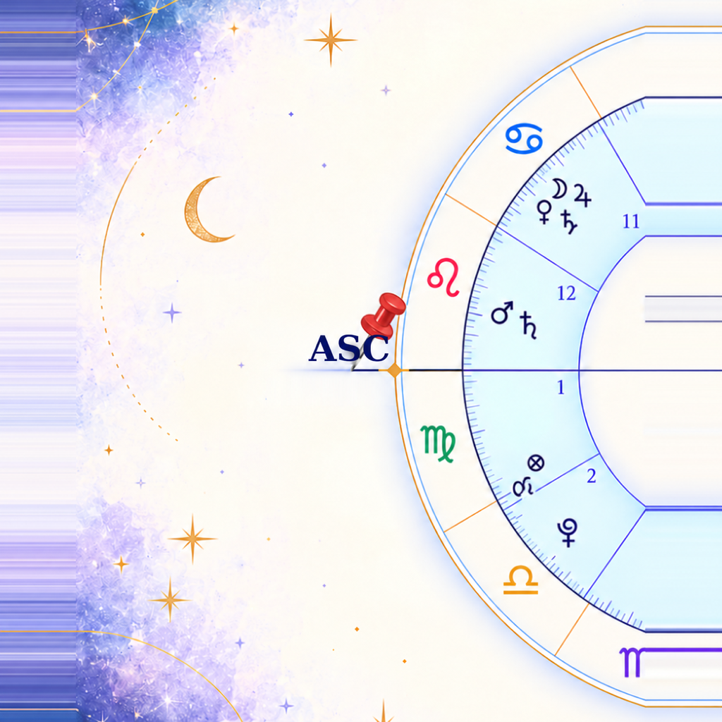 Ilustración del ascendente en una carta natal, marcado como ASC.