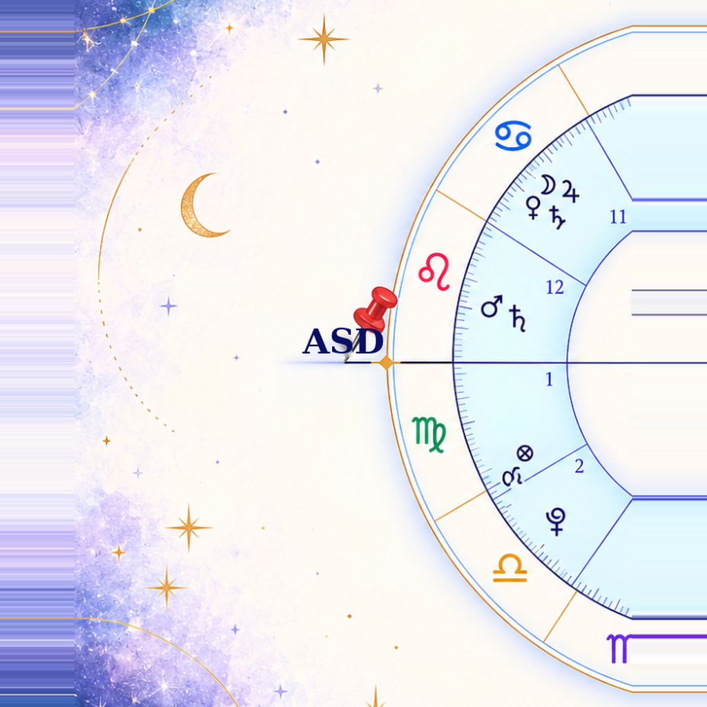 Ilustración del ascendente en una carta natal, marcado como ASD.